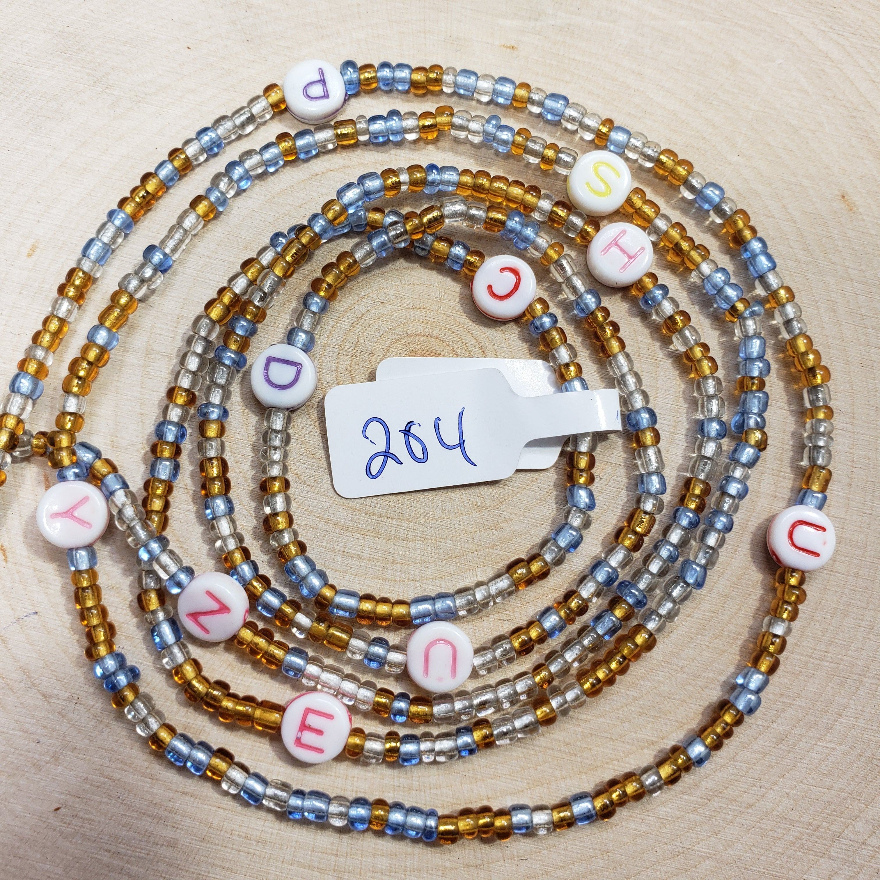 Clear Blue and Gold Waist Beads with Round Alphabet