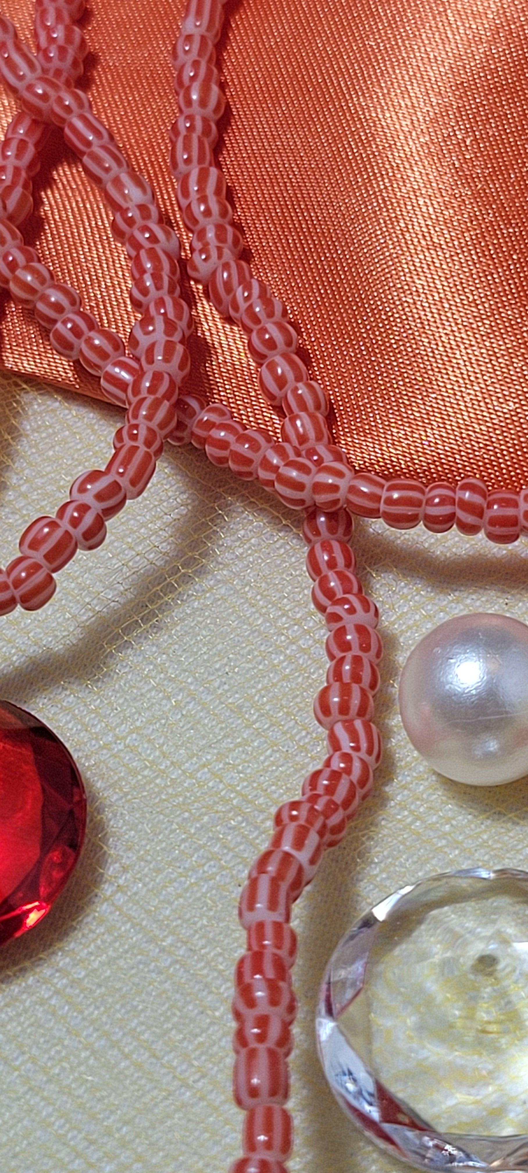 Chili Red and White Stripe Waist Beads
