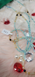 Crystal Baby Blue and Gold Tubular Glow in the Dark Waist Beads