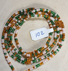 Green, Soft Pink and Shiny Gold Waist Beads