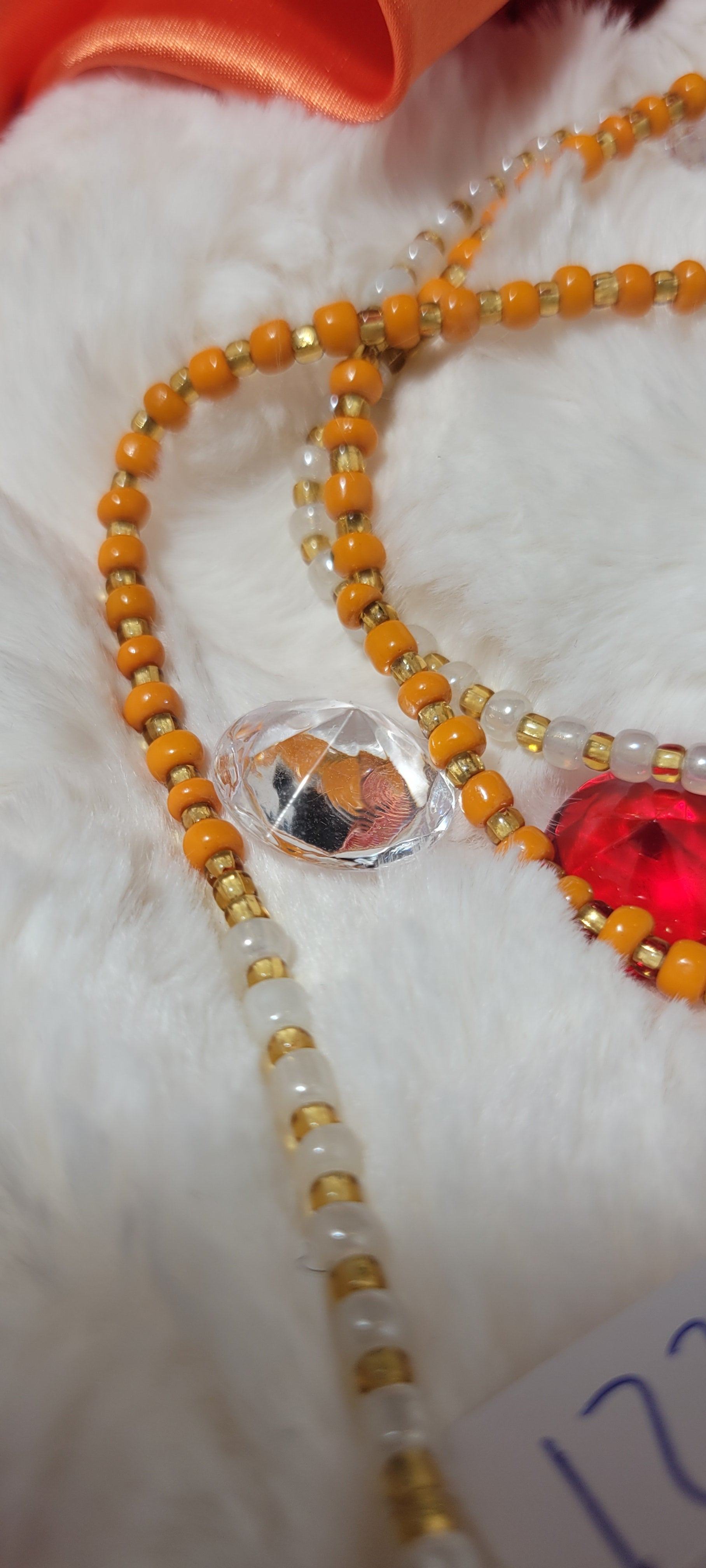 Orange, White and Gold Round Waist Beads