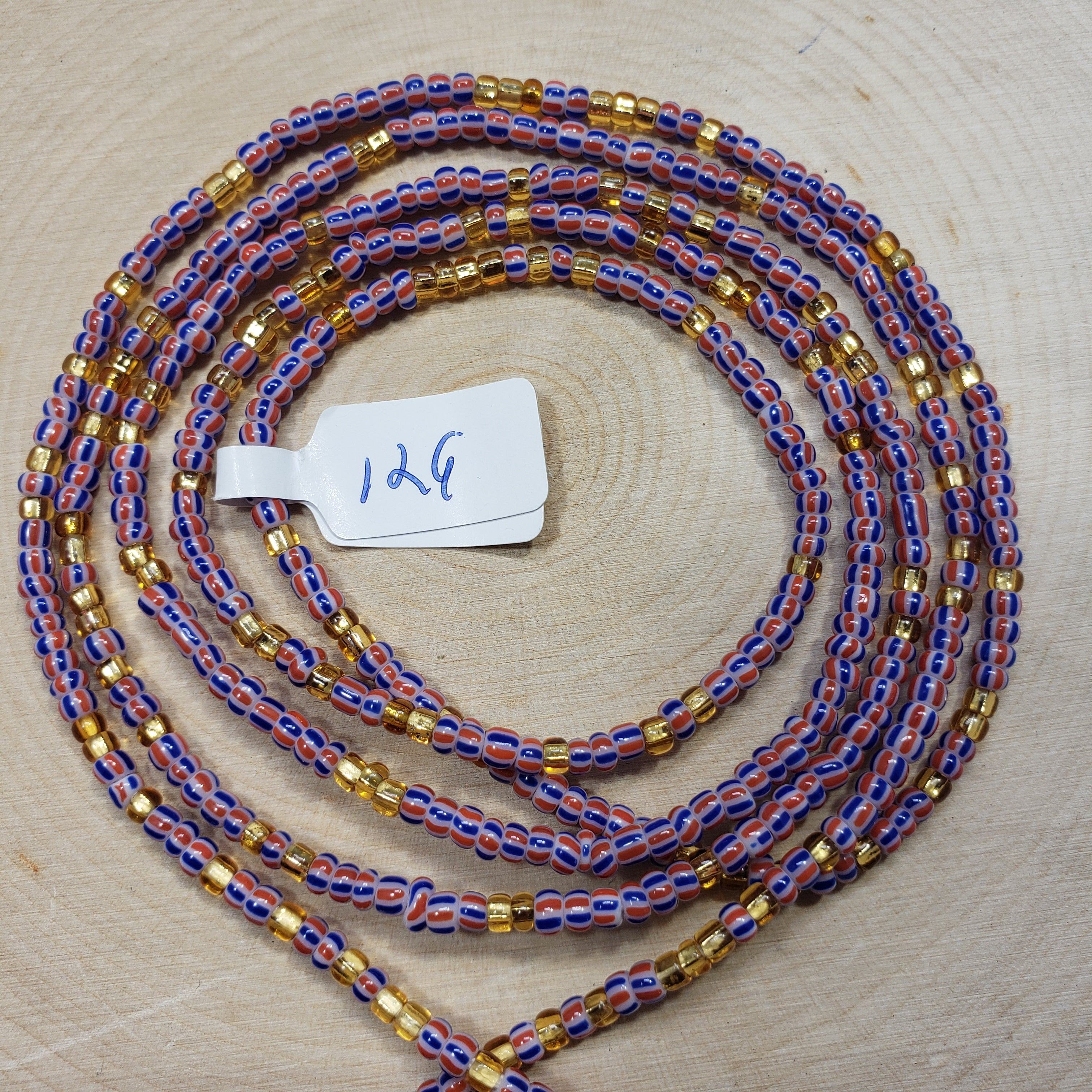 Red, White and Blue Stripe with Crystal Gold Waist Beads