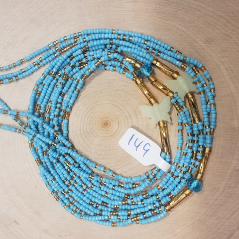 Triple Strand Light Blue and Gold Glow in the Dark Butterfly Waist Beads