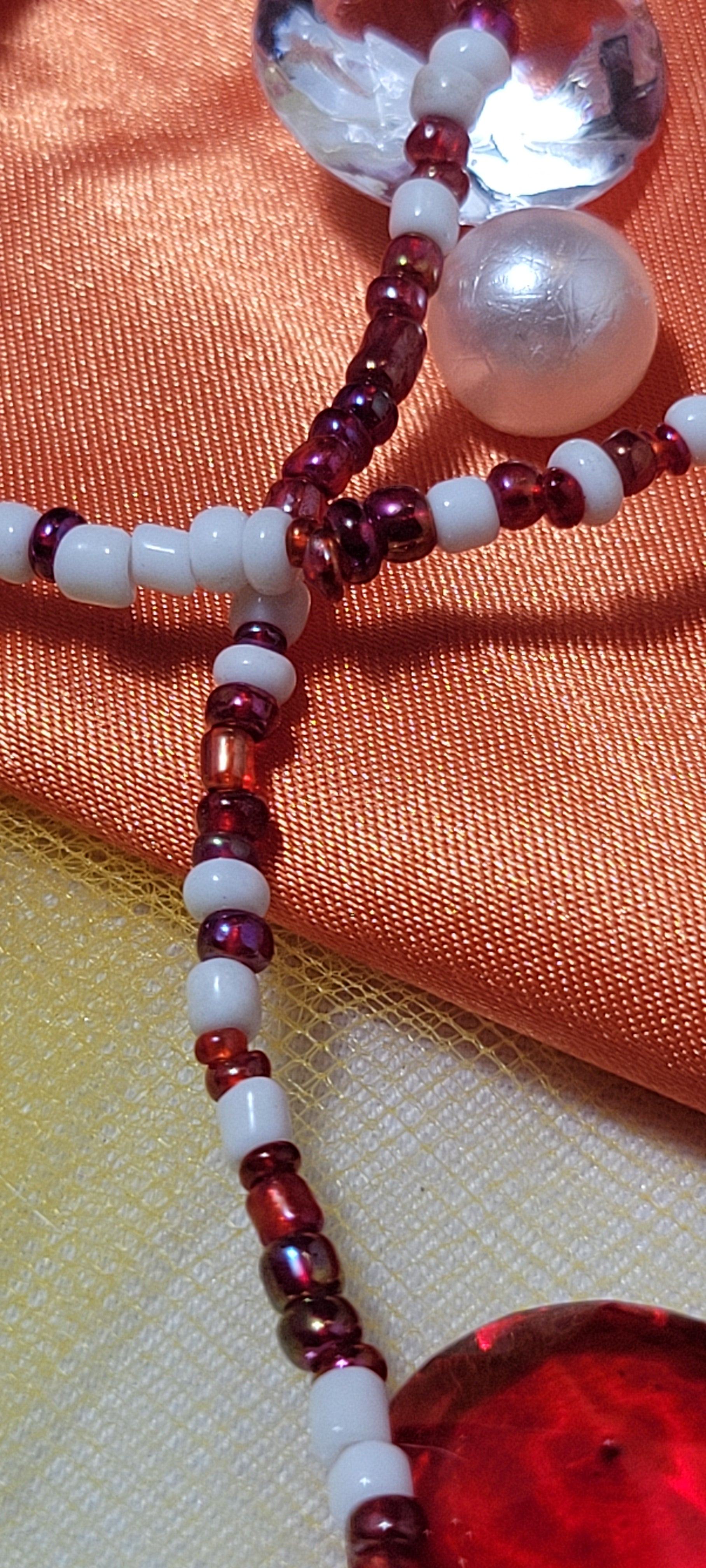 White with Maroon Round Waist Beads